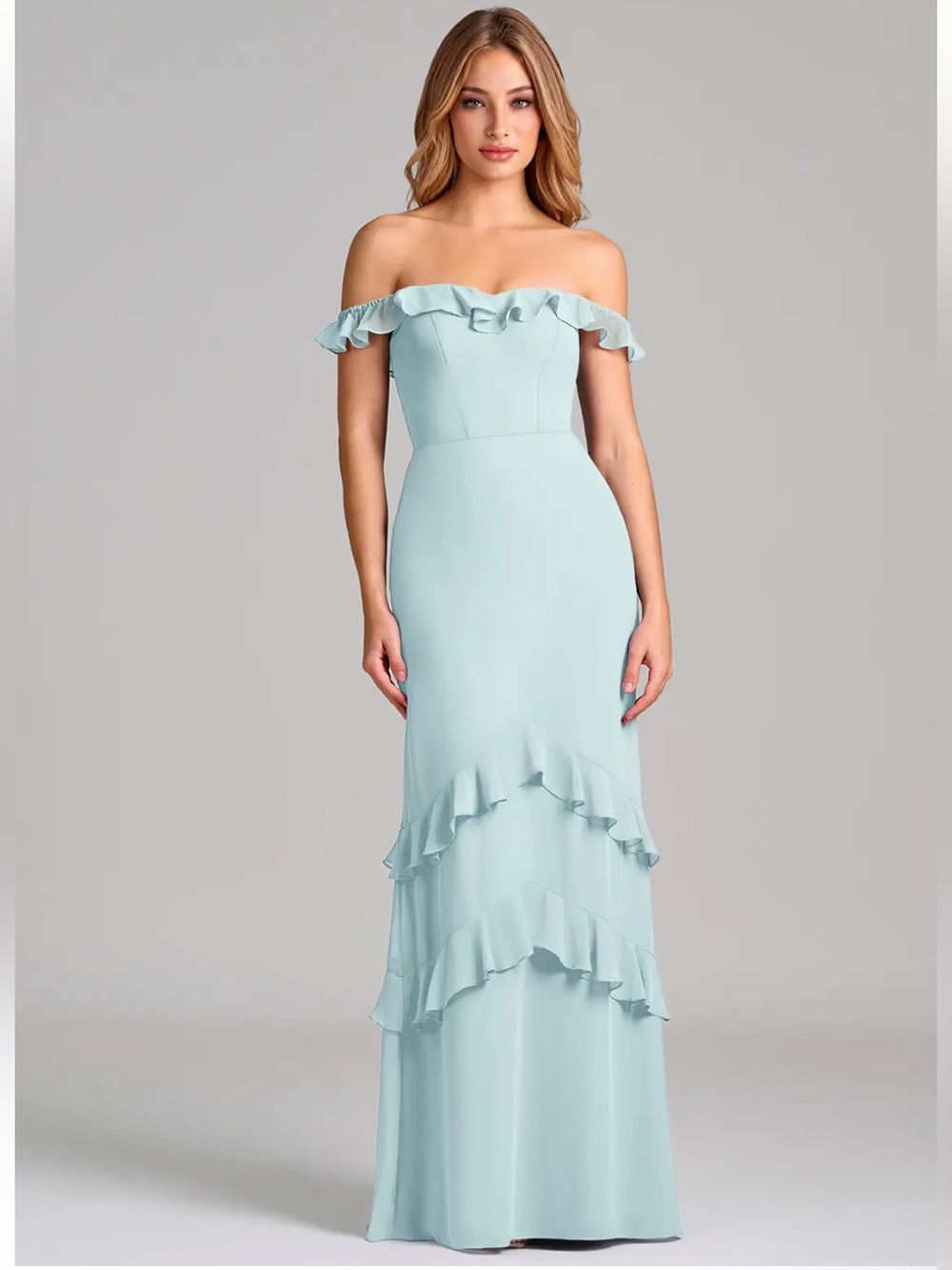 NWT Azazie (US 26) Marilynn Plus size Ruffle Gown in Light Blue